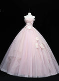 Pink Ball Gown Scoop Long Tulle Sweet 16 Dress, Pink Tulle Formal Dress Prom Dress HZ1024