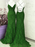 Green V-neckline Lace Cross Back Mermaid Party Dress, Green Long Evening Dress Prom Dress HZ1024