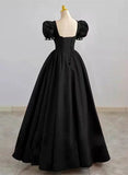 Simple Pretty Black Satin Short Sleeves Beaded Party Dress, Black Long Evening Dress HZ1024