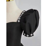 Simple Pretty Black Satin Short Sleeves Beaded Party Dress, Black Long Evening Dress HZ1024