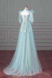 Pretty Mint Blue Tulle with Lace A-line Long Party Dress, Mint Blue Prom Dress Fornal Dress HZ1024