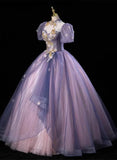 Pink and Purple Tulle Long Party Dress with Beadings, High Neckline Sweet 16 Dress HZ1024