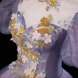 Pink and Purple Tulle Long Party Dress with Beadings, High Neckline Sweet 16 Dress HZ1024
