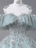 Glam Blue Tulle Sequins Lace Round Neckline Long Prom Dress, Blue Wedding Party Dress HZ1024