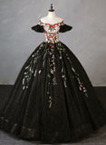 Black Tulle Ball Gown Sweetheart Formal Dress, Black Floral Sweet 16 Dress Evening Dress HZ1024
