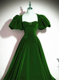 Green A-line Velvet Backless Long Party Dress, Green Short Sleeves Formal Dress Prom Dress HZ1024