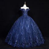 Lovely Navy Blue Floral Tulle Ball Gown Sweet 16 Dress,Navy Blue Off Shoulder Long Formal Dress HZ1024