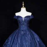 Lovely Navy Blue Floral Tulle Ball Gown Sweet 16 Dress,Navy Blue Off Shoulder Long Formal Dress HZ1024