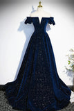 Navy Blue Velvet Off Shoulder Long Party Dress, Navy Blue Prom Dress Formal Dress HZ1024