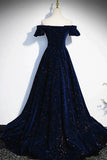 Navy Blue Velvet Off Shoulder Long Party Dress, Navy Blue Prom Dress Formal Dress HZ1024