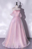 Pink Tulle and Sequins Off Shoulder Long Party Dress, Sweetheart Pink Formal Dress HZ1024