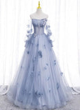 Light Blue Tulle Puffy Sleeves with Flowers Sweet 16 Dress, Light Blue Formal Dress HZ1024