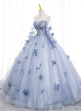 Light Blue Tulle Puffy Sleeves with Flowers Sweet 16 Dress, Light Blue Formal Dress HZ1024