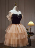 Champagne Tulle Sweetheart Short Party Dress, Champagne Homecoming Dress HZ1024