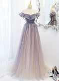 Purple Gradient A-line Beaded Tulle Long Prom Dress, Floor Length Purple Evening Dress HZ1024