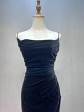 Black A-line Velvet with Lace Long Party Dress, Black Straps Prom Dress Formal Dress HZ1024