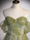 Light Green Sweetheart Beaded Tulle Party Dress, A-line Green Long Prom Dress HZ1024