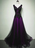 Black And Purple Tulle V-Neckline Beaded Prom Dress, Long Tulle Formal Dress Evening Dress HZ1024