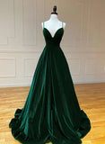 Dark Green A-line Velvet Long Party Dres, Lace-up Green Formal Dress Prom Dress HZ1024
