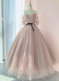 Pink Ball Gown Tulle Long Prom Dress ,Tulle Lace Short Sleeves Party Dress HZ1024
