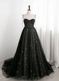 Blavk Sweetheart Straps A-line Long Tulle Prom Dress, Black Evening Party Dress HZ1024