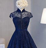 Navy Blue Beaded Lace Short Prom Dress Graduation Dress, Navy Blue Homecoming Dress HZ1024