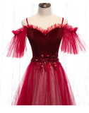 Dark Red Velvet and Tulle Party Dress, A-line Tulle Floor Length Wedding Party Dress HZ1024