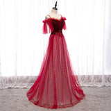 Dark Red Velvet and Tulle Party Dress, A-line Tulle Floor Length Wedding Party Dress HZ1024