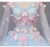 Cute Blue Fairy Butterfly Lace Ball Gown Prom Dress, Sweet 16 Party Dress HZ1024
