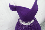 Dark Purple Tulle Beaded Off Shoulder Party Dress, Purple A-line Prom Dress HZ1024