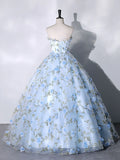 Blue Flowers Lace Ball Gown Long Formal Party Dress, Blue Evening Prom Dress HZ1024