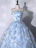 Blue Flowers Lace Ball Gown Long Formal Party Dress, Blue Evening Prom Dress HZ1024