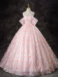 A-Line Pink Tulle Flowers Long Prom Dress, Beautiful Off the Shoulder Evening Party Dress HZ1024