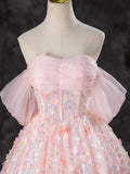 A-Line Pink Tulle Flowers Long Prom Dress, Beautiful Off the Shoulder Evening Party Dress HZ1024