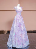 A-Line Purple Tulle Flowers Long Prom Dress, Beautiful Evening Party Dress HZ1024