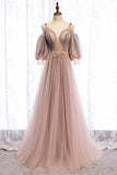A-Line Tulle Long Prom Dresses, Lace Evening Dresses HZ1024