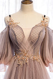 A-Line Tulle Long Prom Dresses, Lace Evening Dresses HZ1024