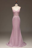 Glitter Blush Mermaid Spaghetti Straps Long Prom Dress with Beading HZ1024