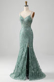 Spaghetti Staps Sparkly Grey Green Prom Dress with Beading HZ1024