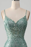 Spaghetti Staps Sparkly Grey Green Prom Dress with Beading HZ1024