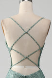 Spaghetti Staps Sparkly Grey Green Prom Dress with Beading HZ1024