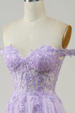 Purple Corset A-Line Long Tulle Prom Dress with Lace HZ1024