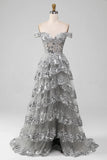 Off the Shoulder Grey Silver Sparkly Tiered Prom Dress with Slit HZ1024