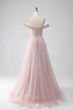 Off the Shoulder A Line Beaded Prom Dress with Slit HZ1024