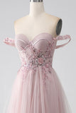 Off the Shoulder A Line Beaded Prom Dress with Slit HZ1024