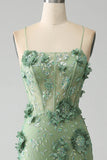 Mermaid Spaghetti Straps Green Corset Prom Dress with Appliques HZ1024