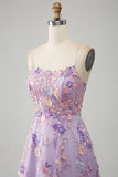 Light Purple A-Line Spaghetti Straps Long Prom Dress with Appliques HZ1024