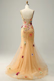 Mermaid Deep V Neck Champagne Long Prom Dress with Appliques HZ1024