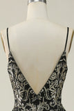 Black Golden Spaghetti Straps Long Prom Dress HZ1024