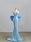 Off Shoulder Ribbon Back Sequined Trained Mermaid Evening Gown HZ1024